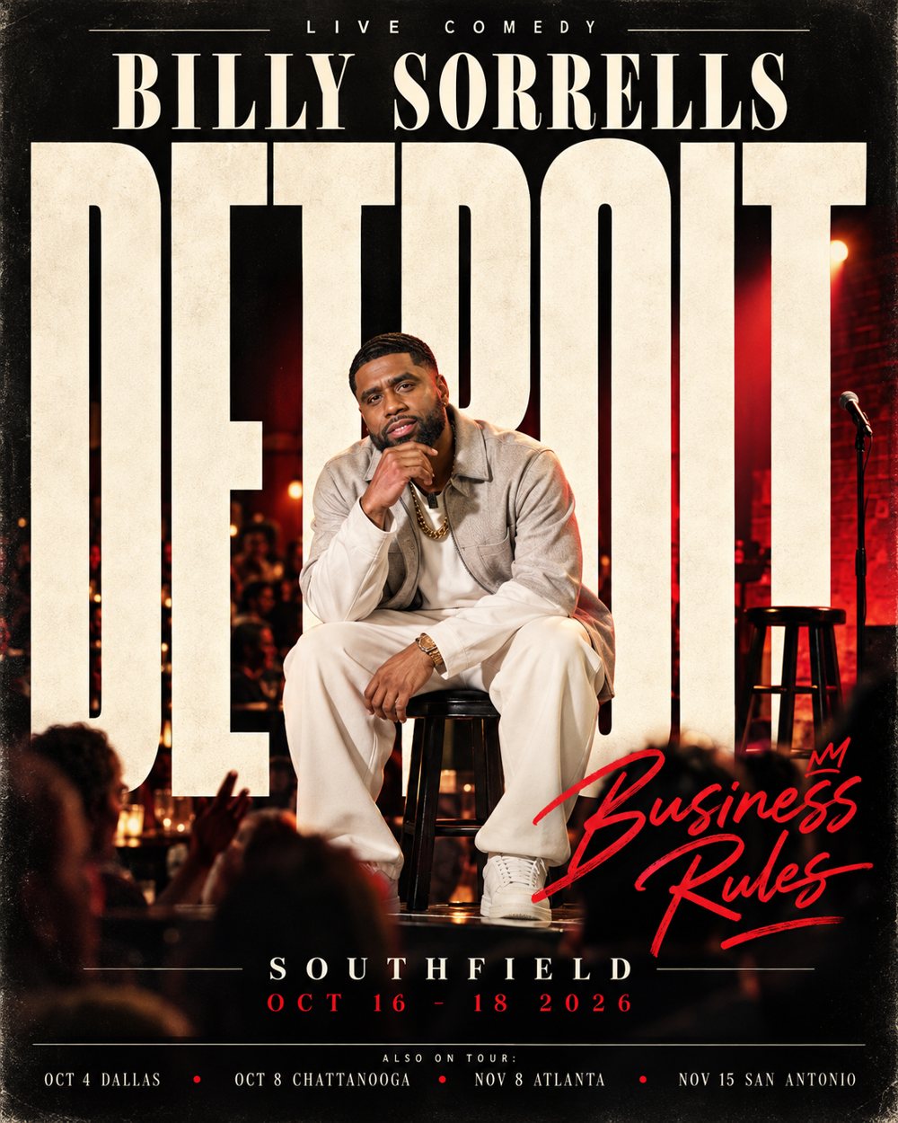 Billy Sorrells seated inside giant DETROIT lettering
