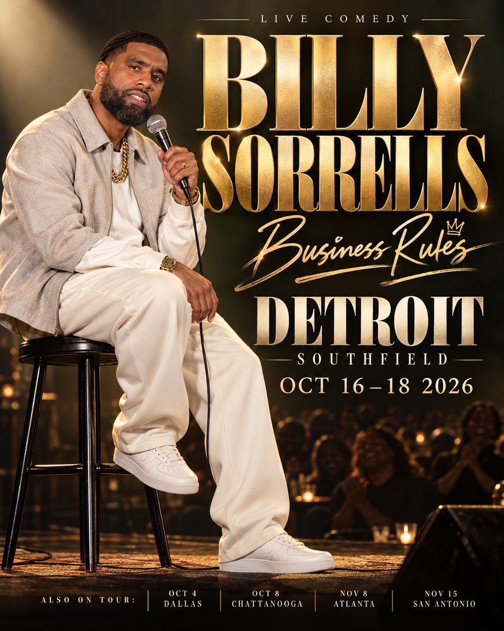 Billy Sorrells on stage with a mic, Detroit poster