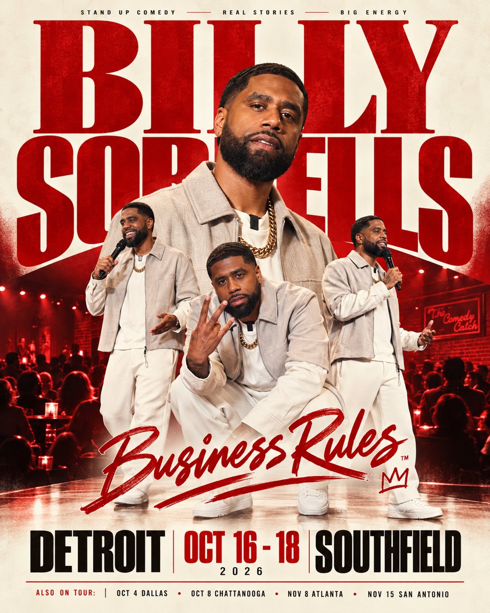 Billy Sorrells in four poses, red Business Rules poster