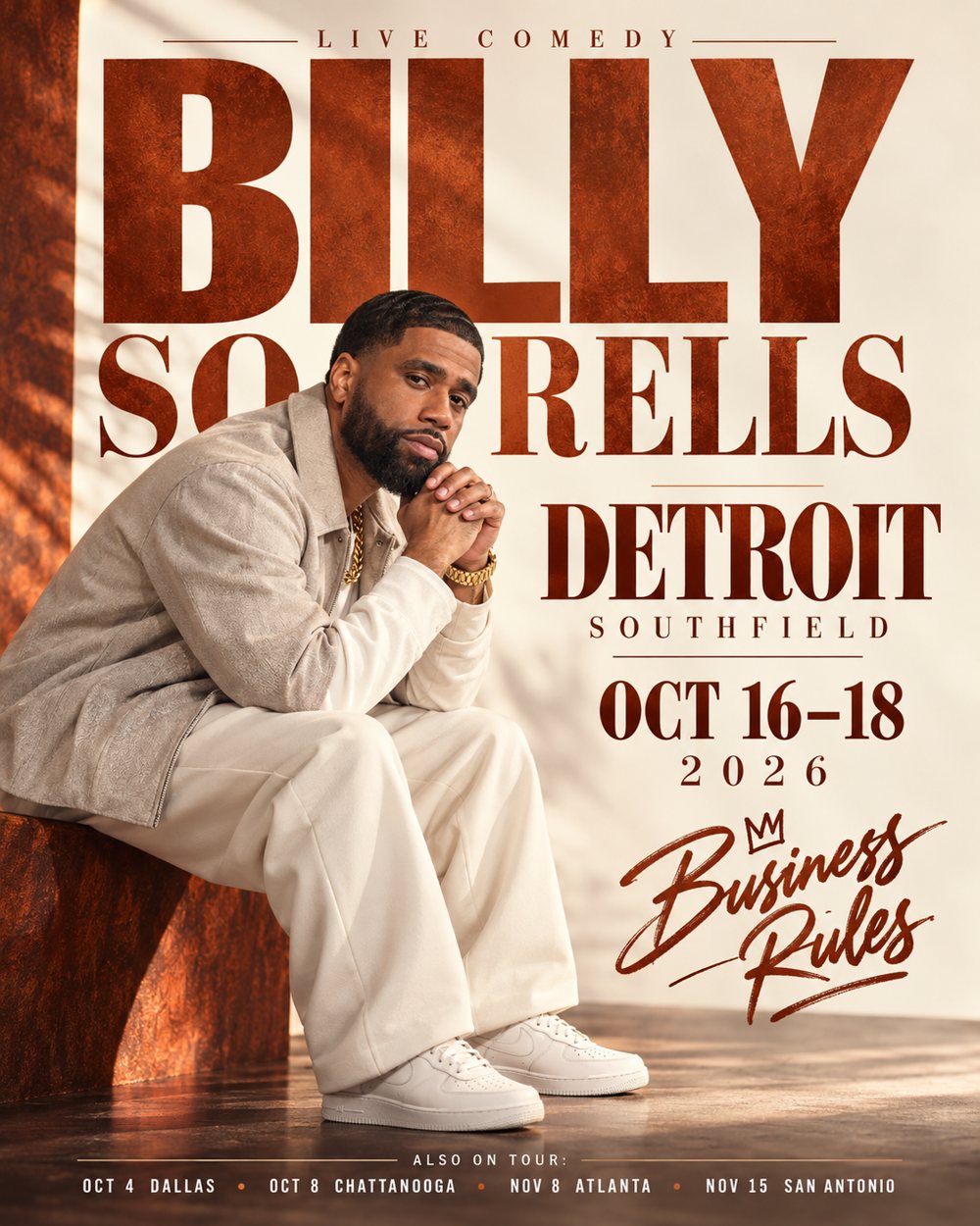 Billy Sorrells seated in cream, Business Rules Detroit poster